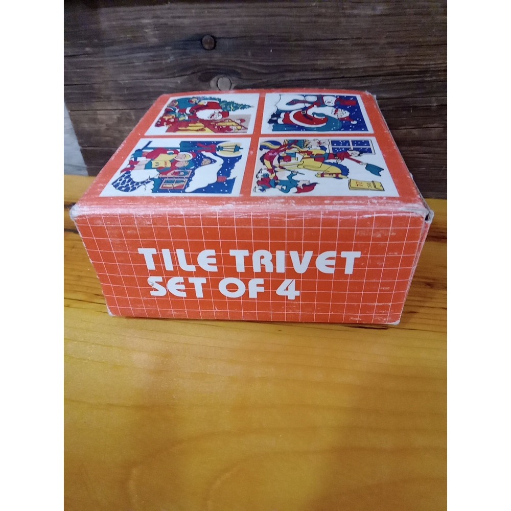 ArtMark Christmas Vintage 1987 Tile Trivets Set 4 Santa Snowman Rocking Horse 4"